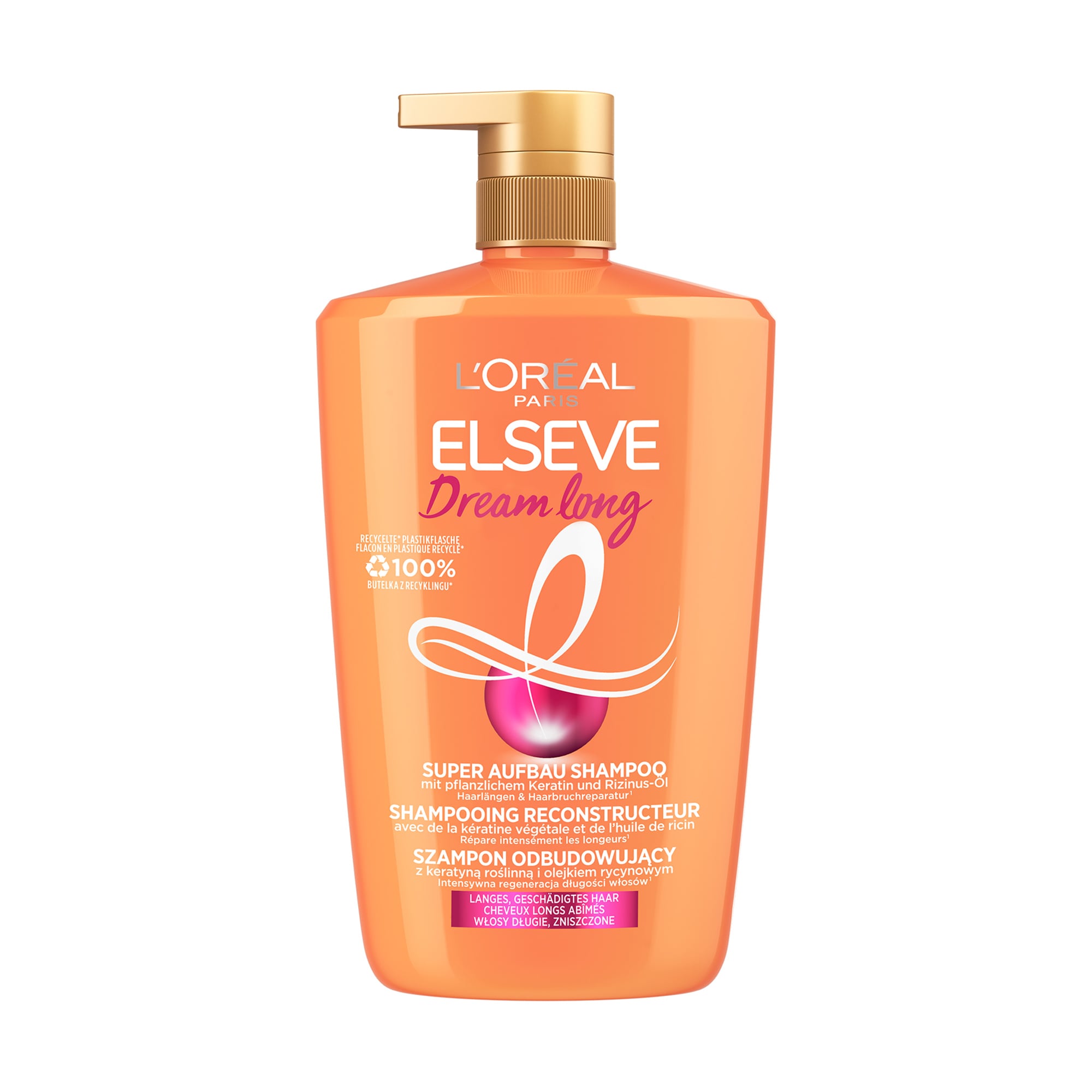 Відновлювальний шампунь L’Oreal Paris Elseve Dream Long для довгого пошкодженого волосся, з рослинним кератином та рициновою олією, 1 л
